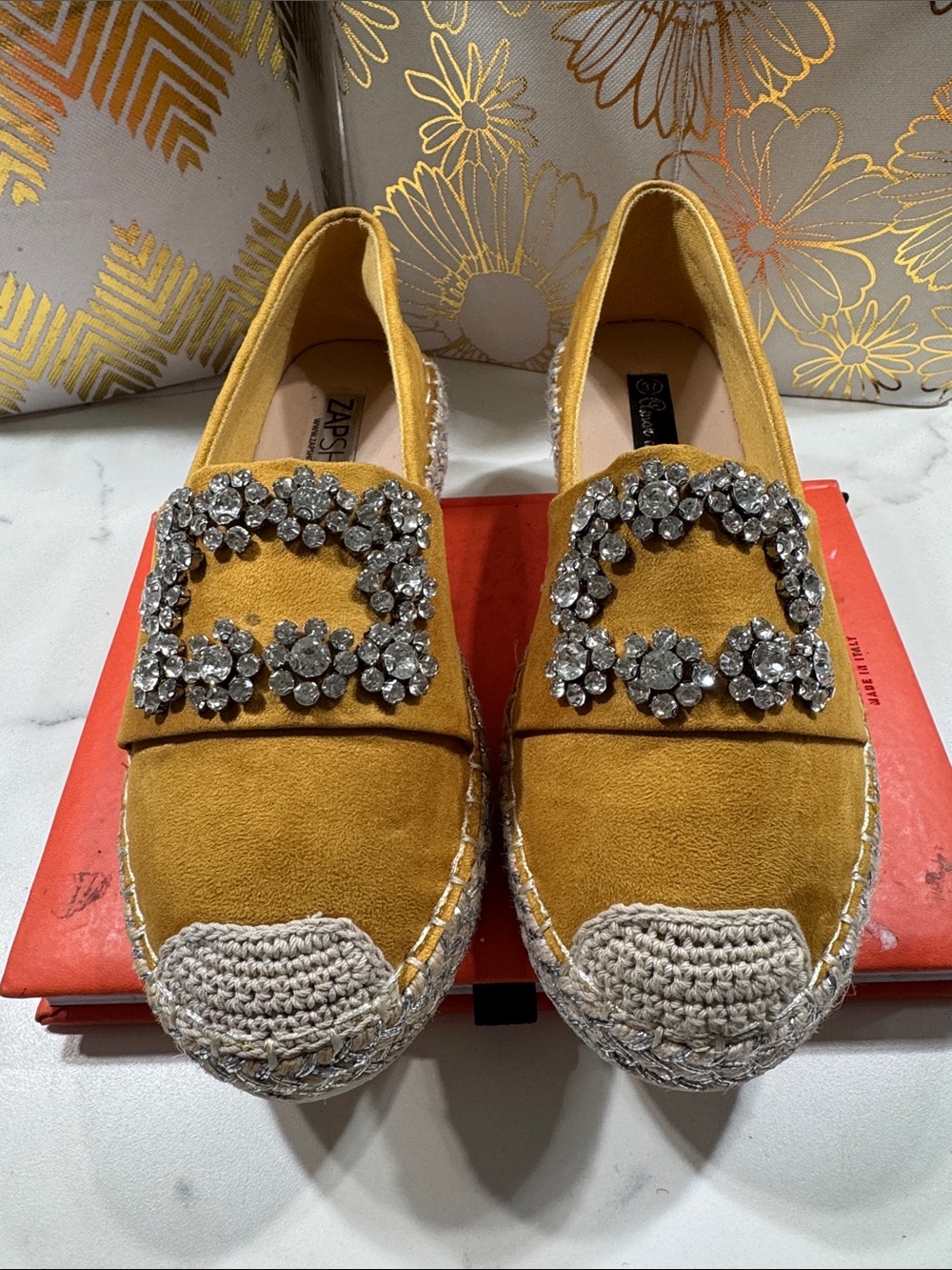 Zapshop Yellow Suede Jeweled Espadrille Loafers